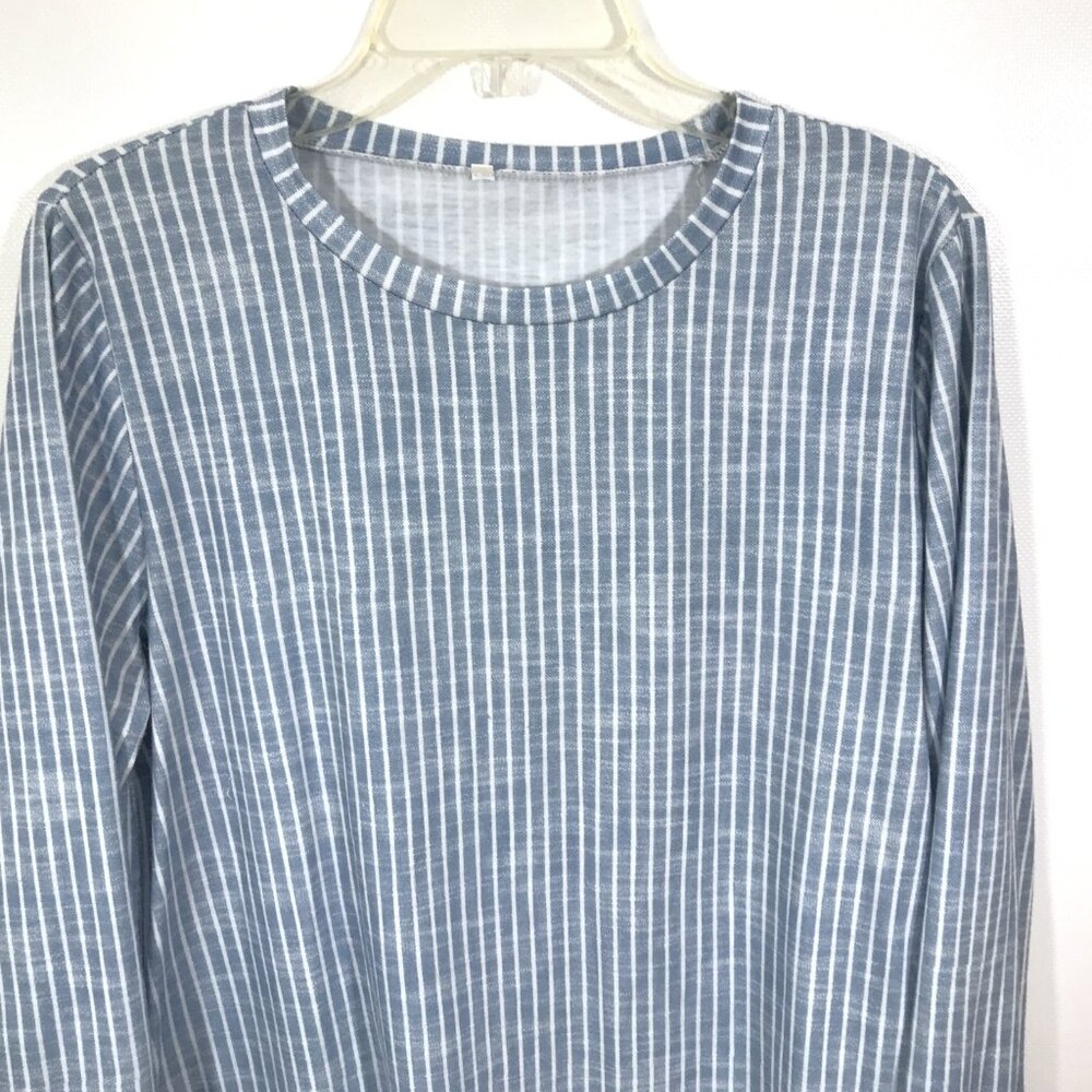 Long Sleeve Casual Striped Knit Top Blue White XL - Picture 4 of 7
